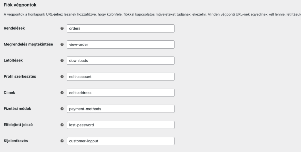 Felhasználó fiók WooCommerce oldal URL végpontok